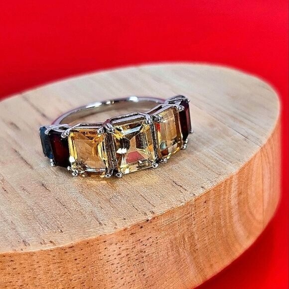 Natural Citrine, Garnet & Blue Topaz 925 Sterling Silver Ring Sz 7.75 - Picture 9 of 9